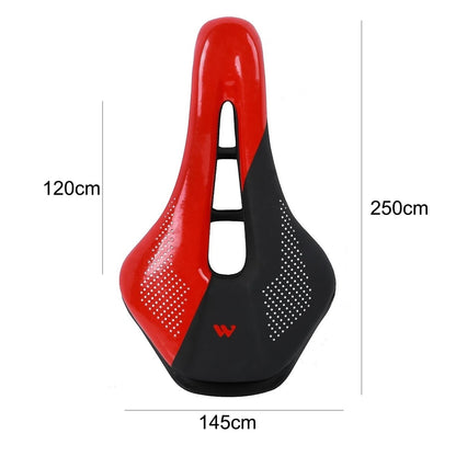 COMFORT red and black ergonomic bicycle saddle with central channel and textured grip for cycling enthusiasts.