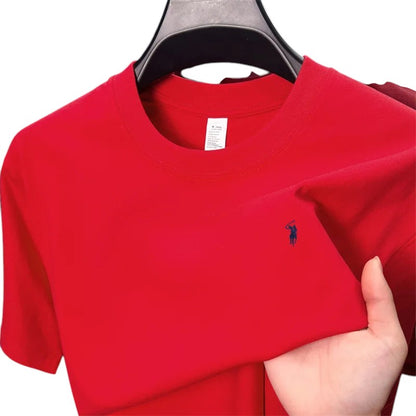 COMFORT red cotton blend crew neck short sleeve t-shirt with embroidered logo on chest