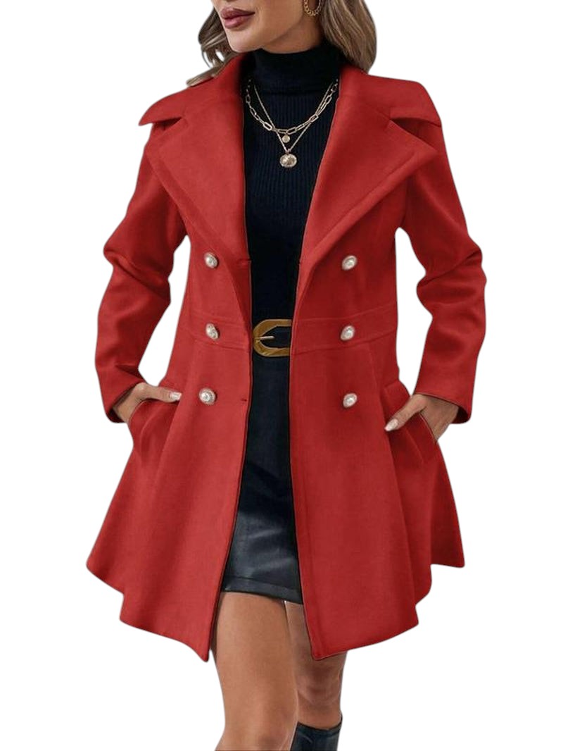 COMFORTH women's red double-breasted peacoat with lapel collar, pearl buttons, and A-line silhouette.