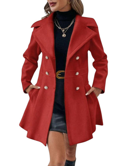 COMFORTH women's red double-breasted peacoat with lapel collar, pearl buttons, and A-line silhouette.