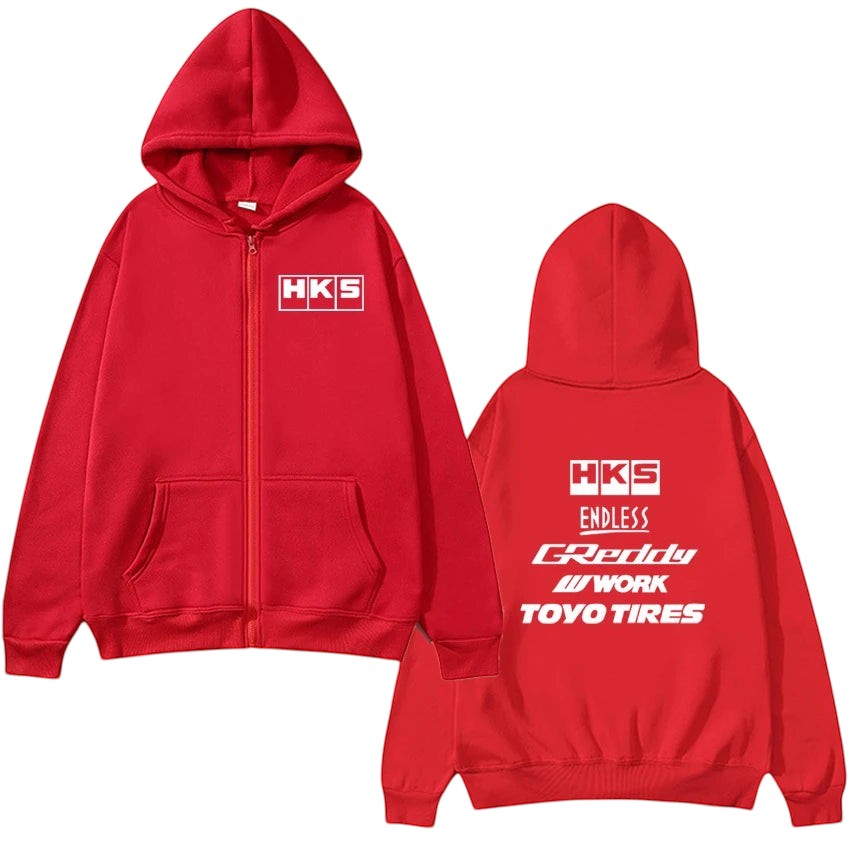 COMFORTHKS graphic zip-up hoodie in red with multiple brand logos on front and back. Features a full zip, hood, and front pockets.