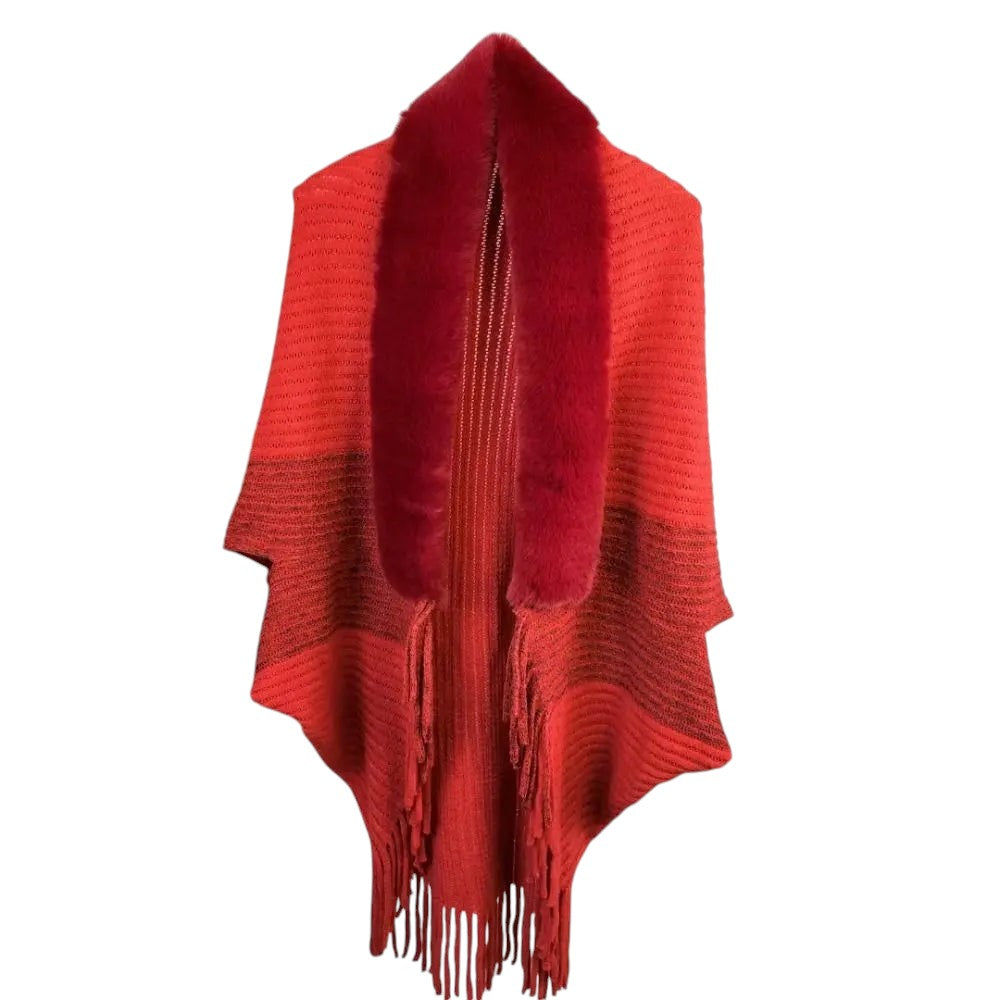 COMFORTH red knit poncho wrap with faux fur collar and fringe detail