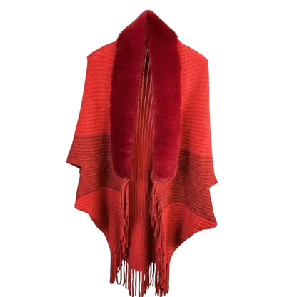 COMFORTH red knit poncho wrap with faux fur collar and fringe detail