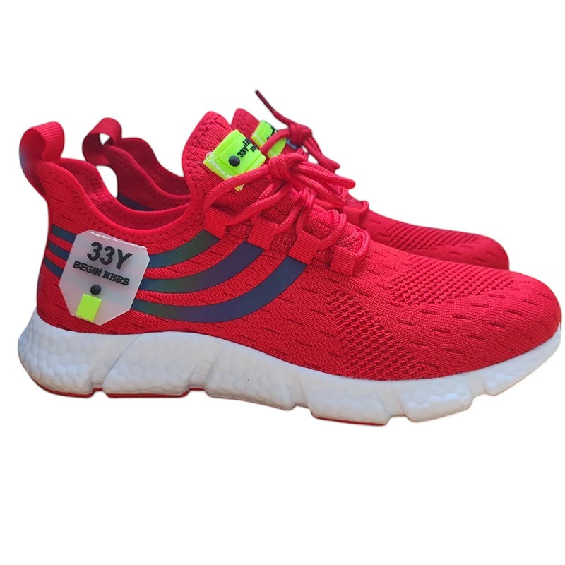 COMFORTH red mesh athletic running sneakers with white cushioned sole and reflective accents.