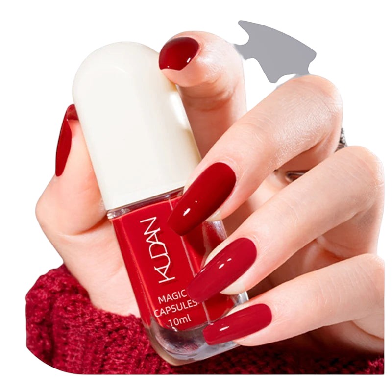 COMFORTH water-based peel off nail polish in classic red. 10ml bottle shown with manicured nails.