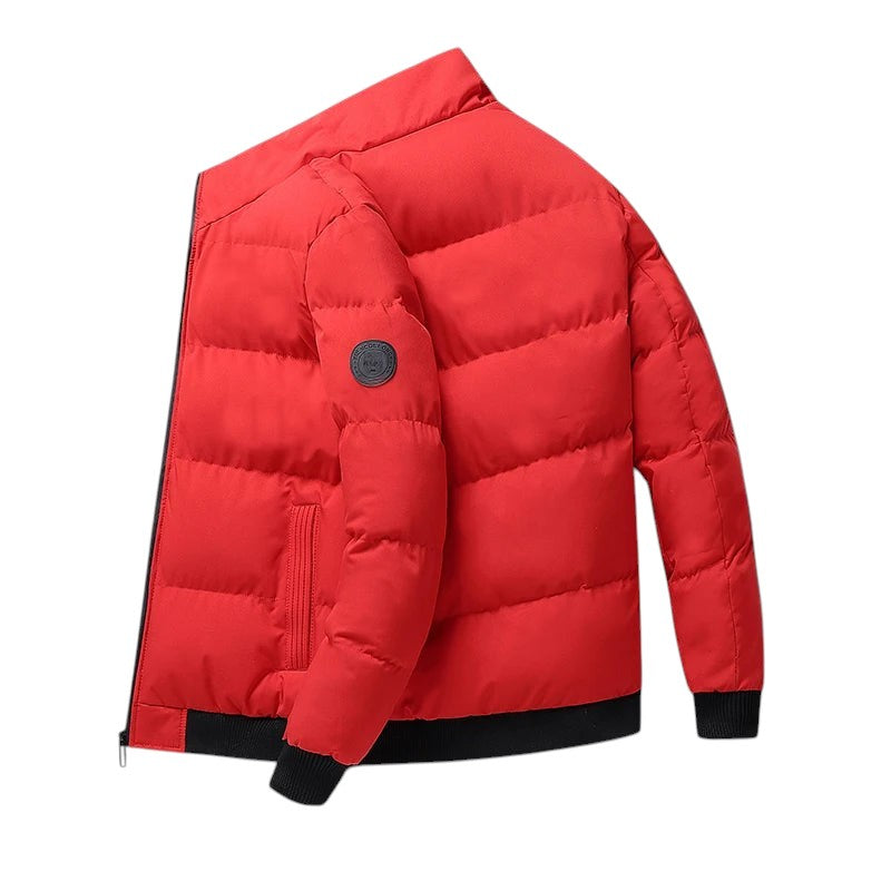 COMFORTH Men's red quilted puffer jacket with stand collar, full zip, ribbed cuffs and hem, and side pockets.