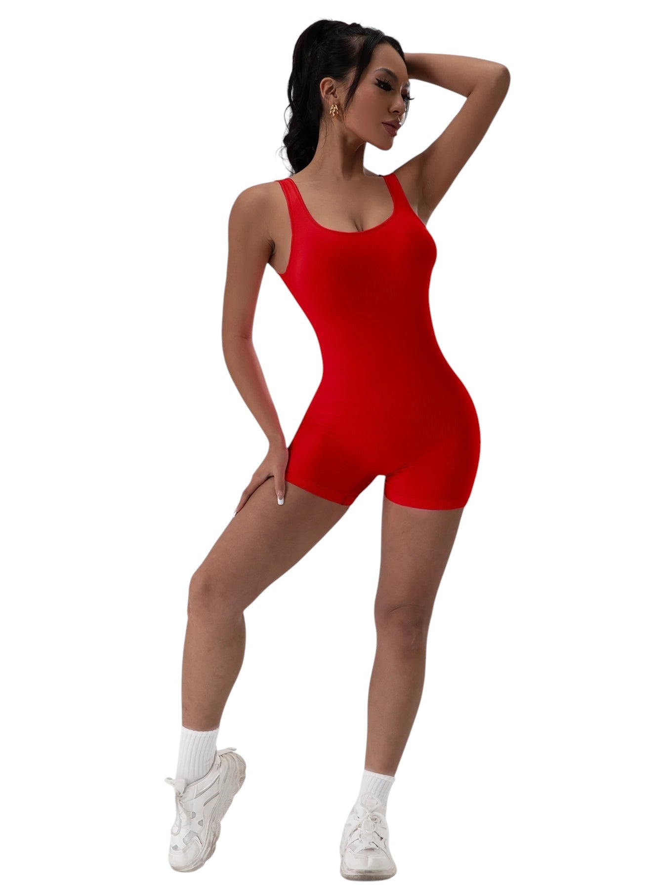 COMFORTH Women's red ribbed athletic bodysuit short with scoop neck and racerback. Stretchy, seamless fit.
