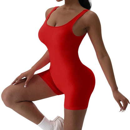 COMFORTH Women's red ribbed athletic bodysuit short with scoop neck and racerback. Stretchy, seamless fit for workouts.