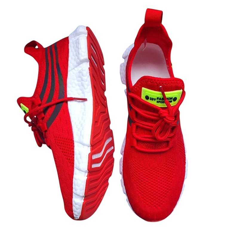 COMFORTH red athletic running sneakers with white cushioned sole and dark grey accents. Lace-up closure.