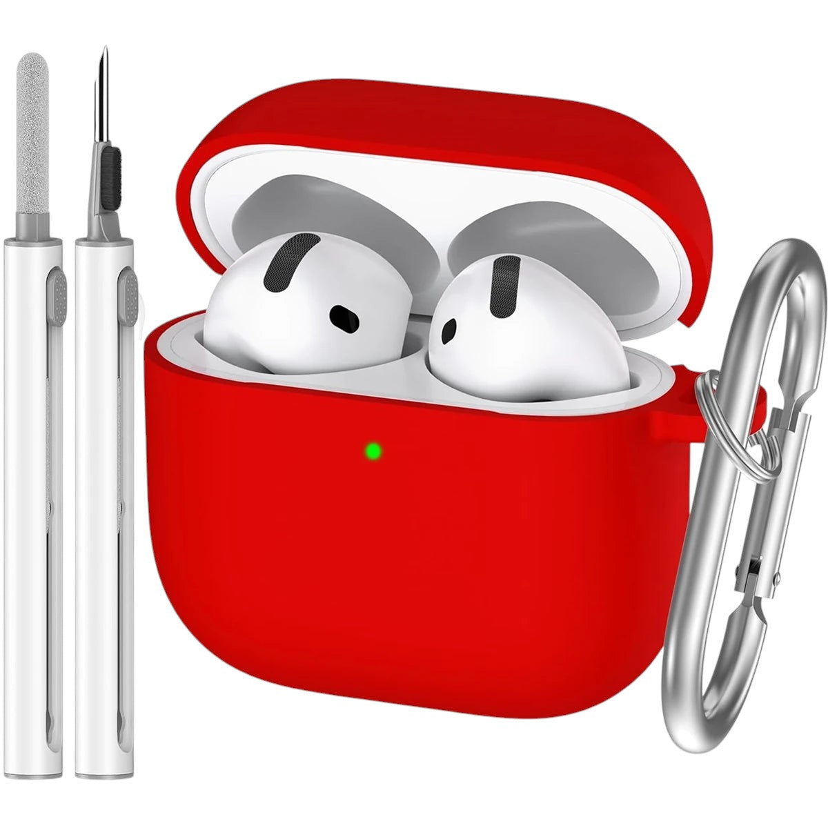 COMFORTH red silicone earbud charging case with cleaning pen and keychain clip