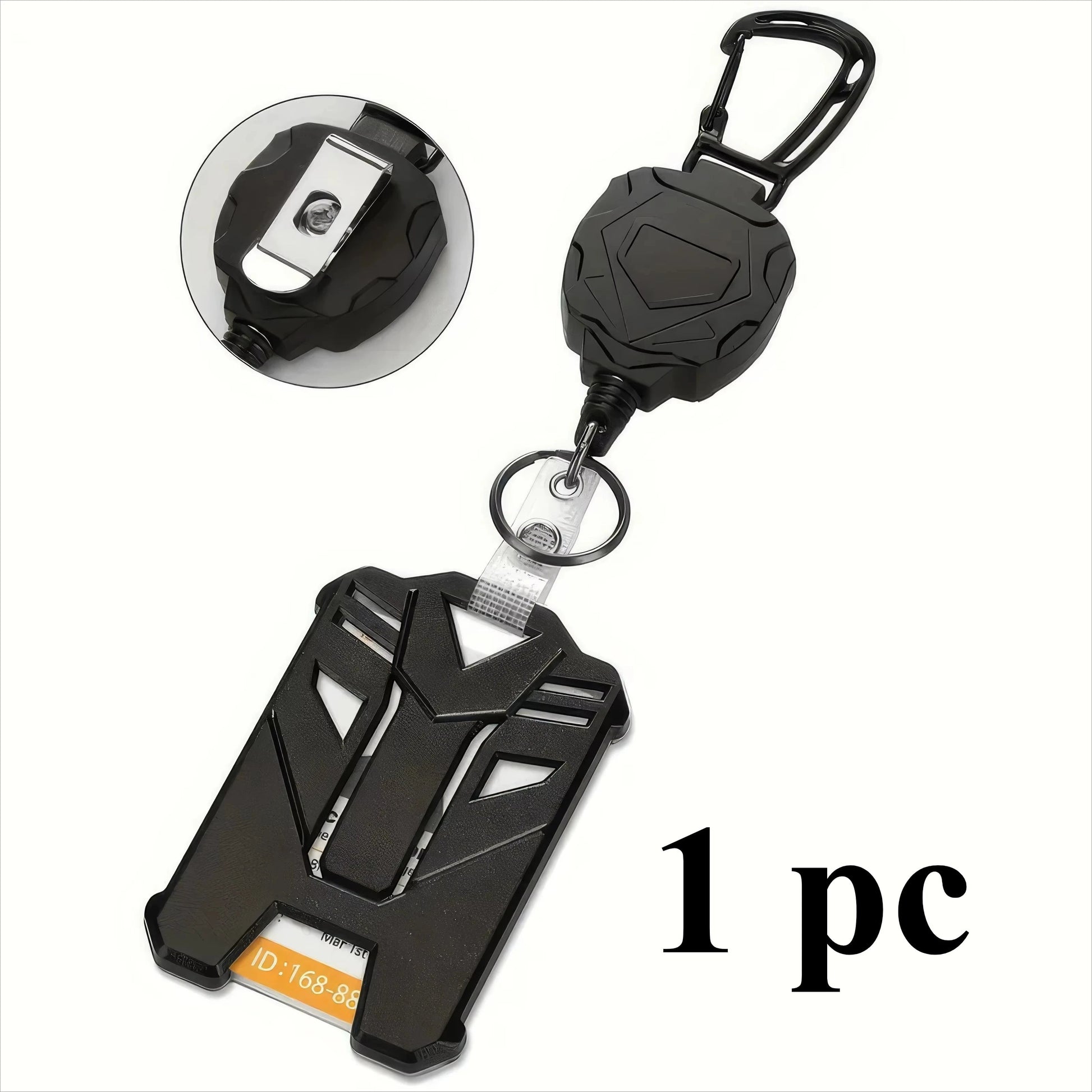 COMFORT black retractable ID card badge holder with carabiner clip and a stylized front design.
