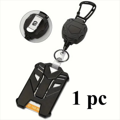 COMFORT black retractable ID card badge holder with carabiner clip and a stylized front design.