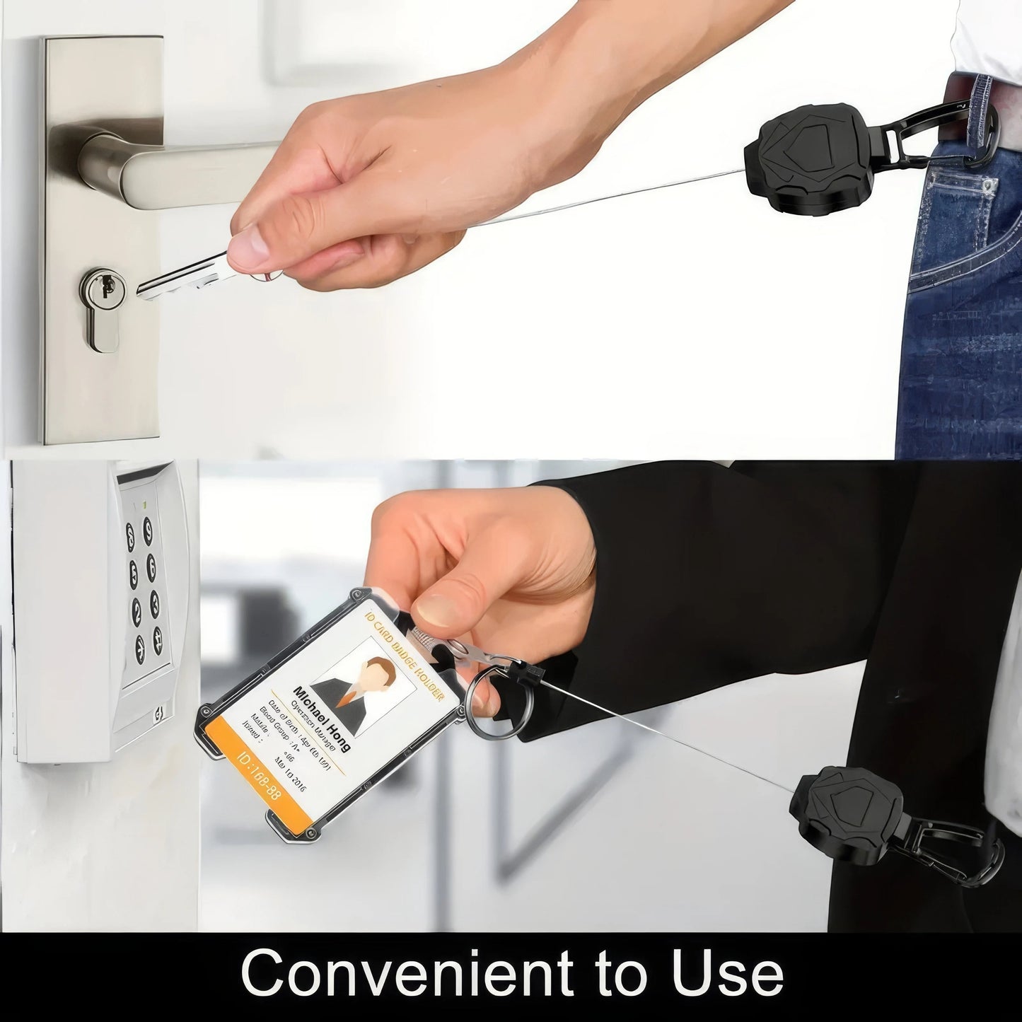 COMFORTH retractable ID card badge holder with carabiner clip, black, for easy access and security.