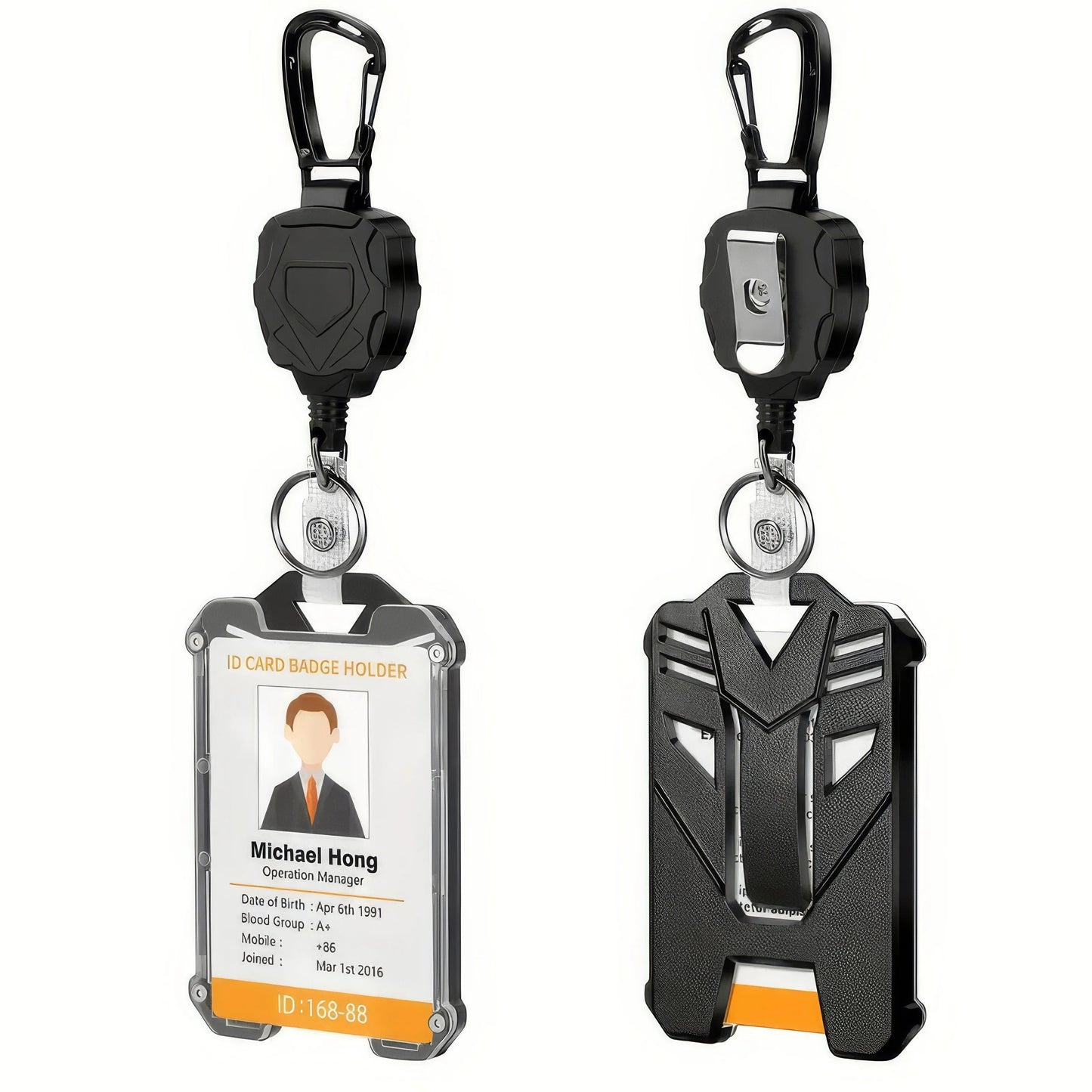 COMFORTH retractable ID card badge holder with carabiner clip, clear front, black durable casing, 31-inch cord.