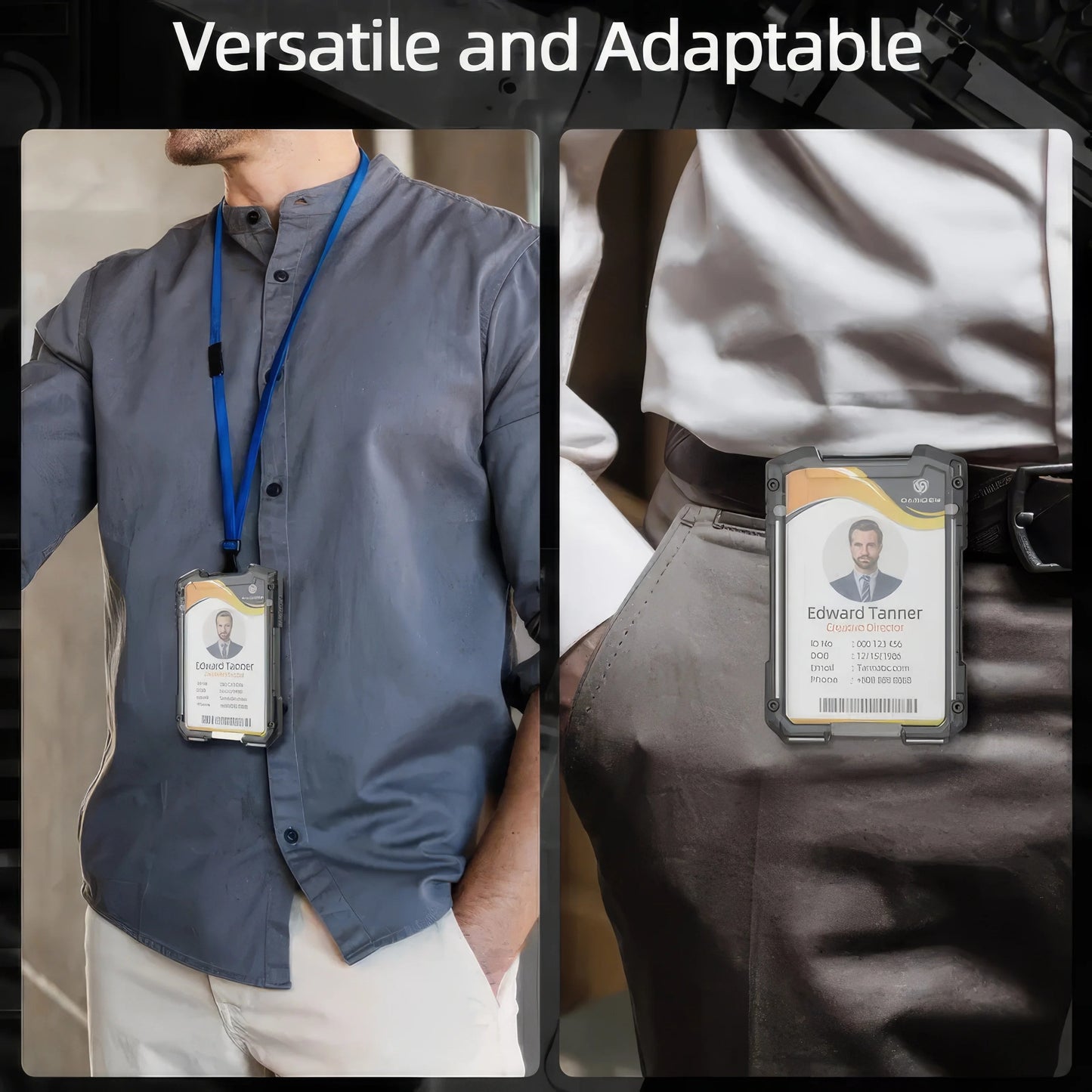 COMFORTH retractable ID card holder with carabiner clip, worn on lanyard and belt loop. Features clear window.
