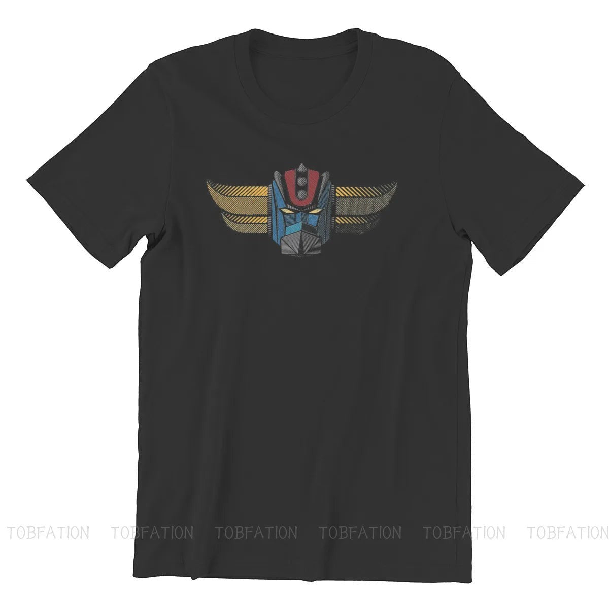 COMFORTH black cotton t-shirt with a retro robot head graphic in blue, red, and yellow.