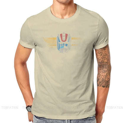 COMFORTH beige cotton t-shirt with retro robot head graphic in blue, red, and yellow. Short sleeves.