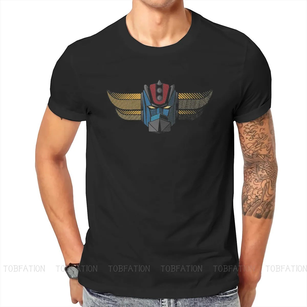 COMFORTH black cotton t-shirt with a retro robot head graphic in blue, red, and yellow.