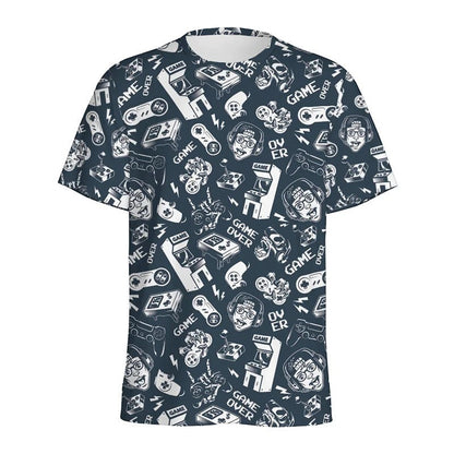 COMFORTH dark navy t-shirt with all-over retro video game graphics including pixelated aliens, controllers, and arcade machines.