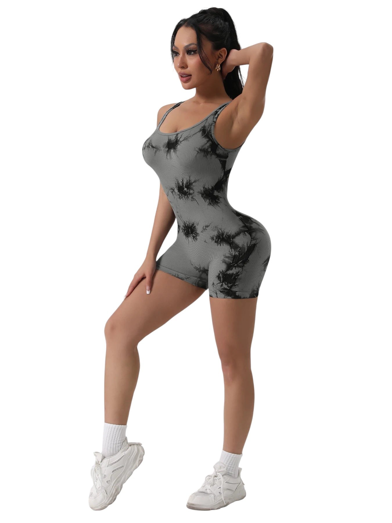 COMFORTH Women's grey ribbed tie-dye athletic bodysuit short with scoop neck and racerback