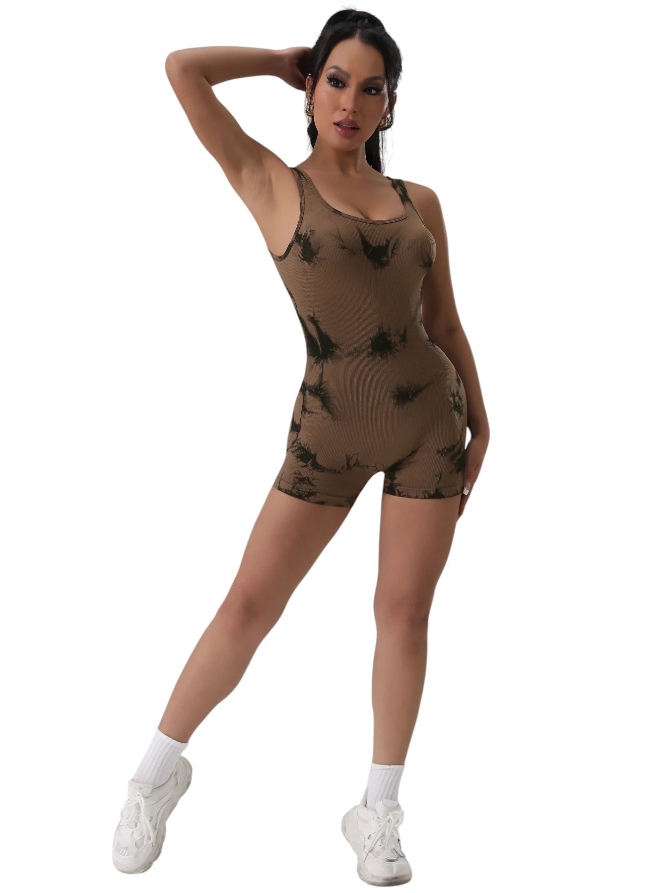 COMFORTH women's ribbed athletic bodysuit short in brown tie-dye with scoop neck and racerback. Stretchy fabric.
