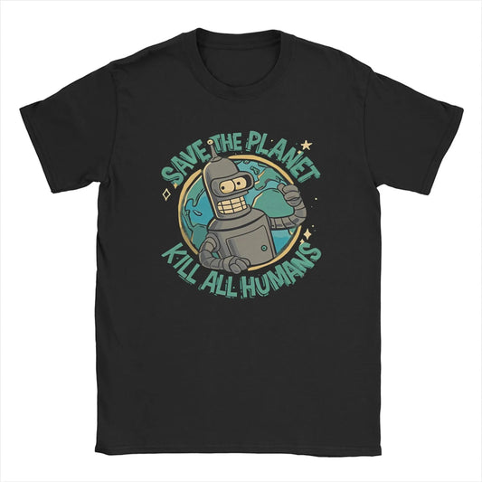 COMFORTH black cotton t-shirt with a humorous graphic of a robot holding Earth and the text "Save The Planet Kill All Humans".