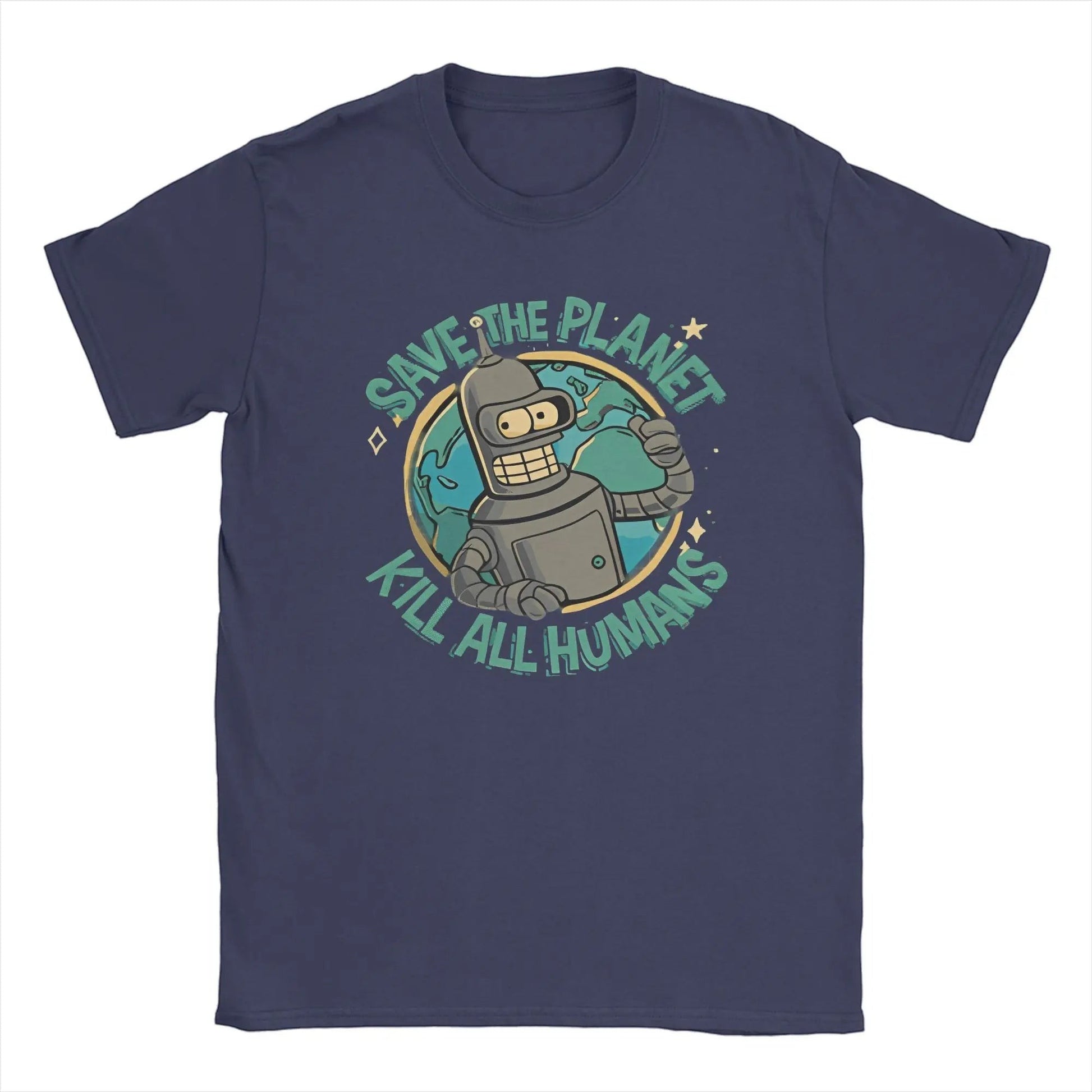 COMFORTH navy blue cotton t-shirt with "Save The Planet Kill All Humans" graphic featuring a robot and Earth.