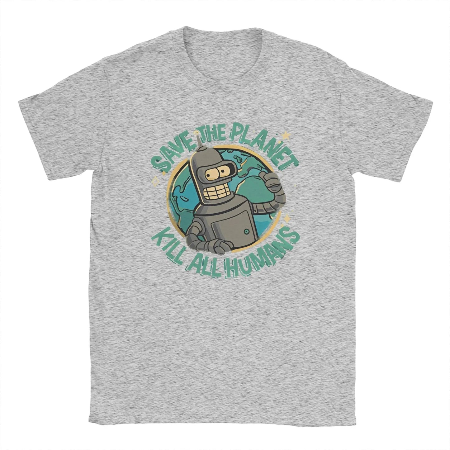 COMFORTH grey cotton t-shirt with "Save The Planet Kill All Humans" graphic featuring a robot and Earth.