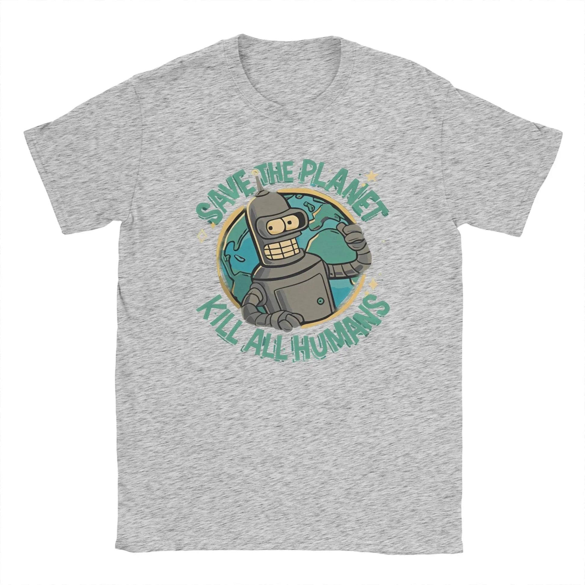 COMFORTH grey cotton t-shirt with "Save The Planet Kill All Humans" graphic featuring a robot and Earth.
