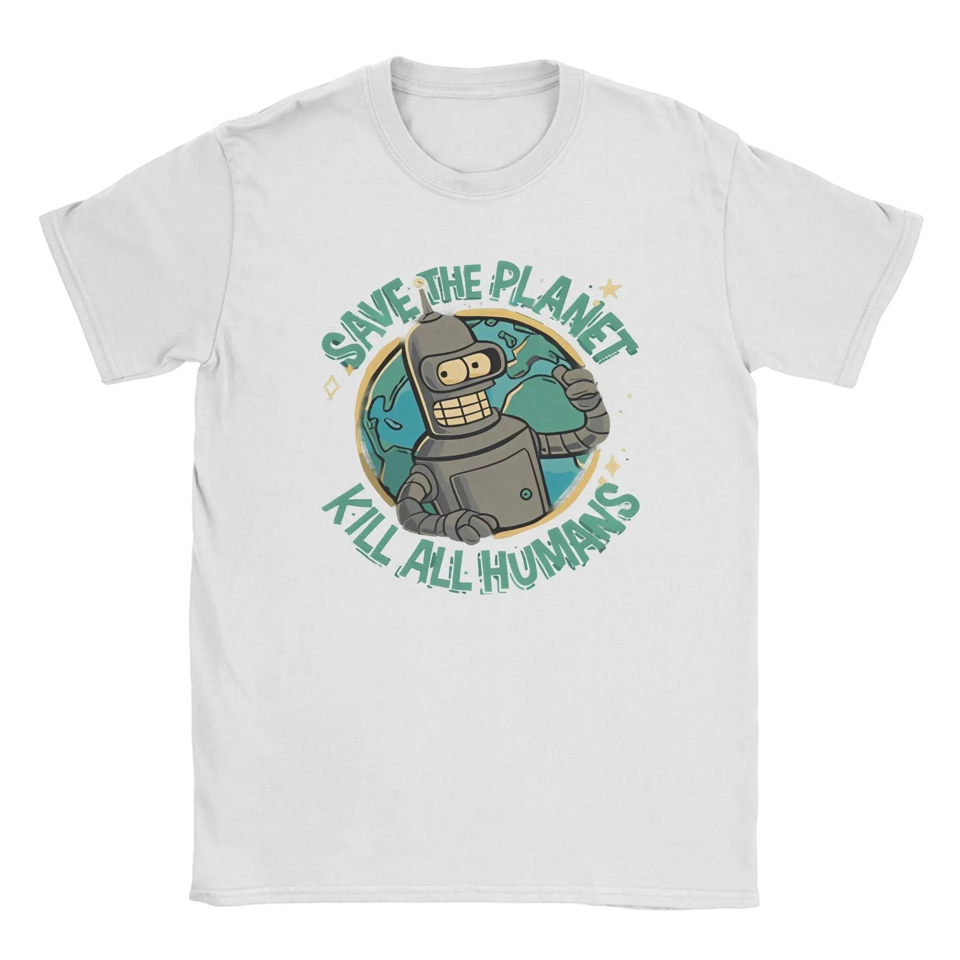COMFORTH white cotton t-shirt with a graphic of a robot holding the Earth and text "Save The Planet Kill All Humans".