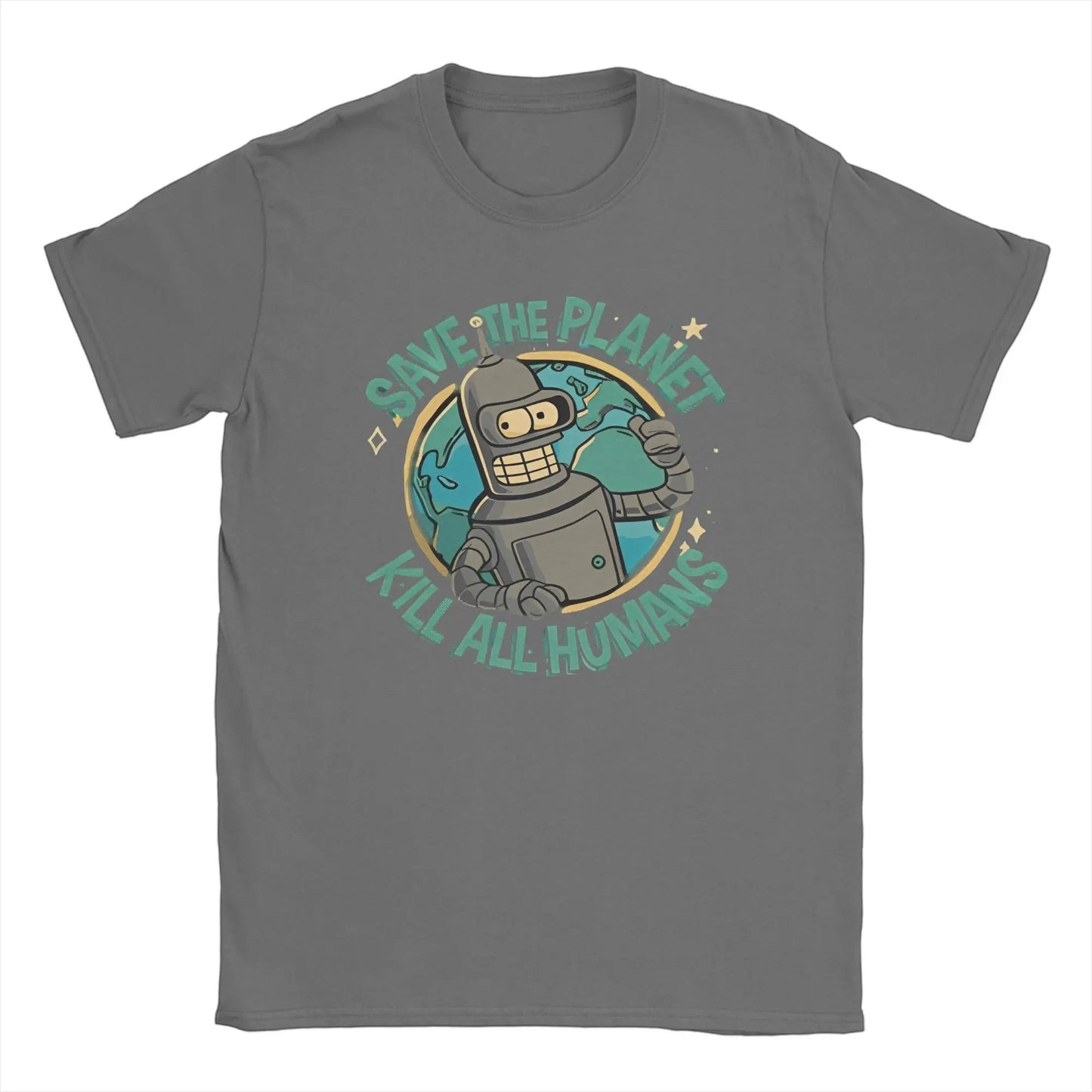 COMFORTH grey cotton t-shirt with a graphic of a robot holding the Earth, text reads "Save The Planet Kill All Humans".