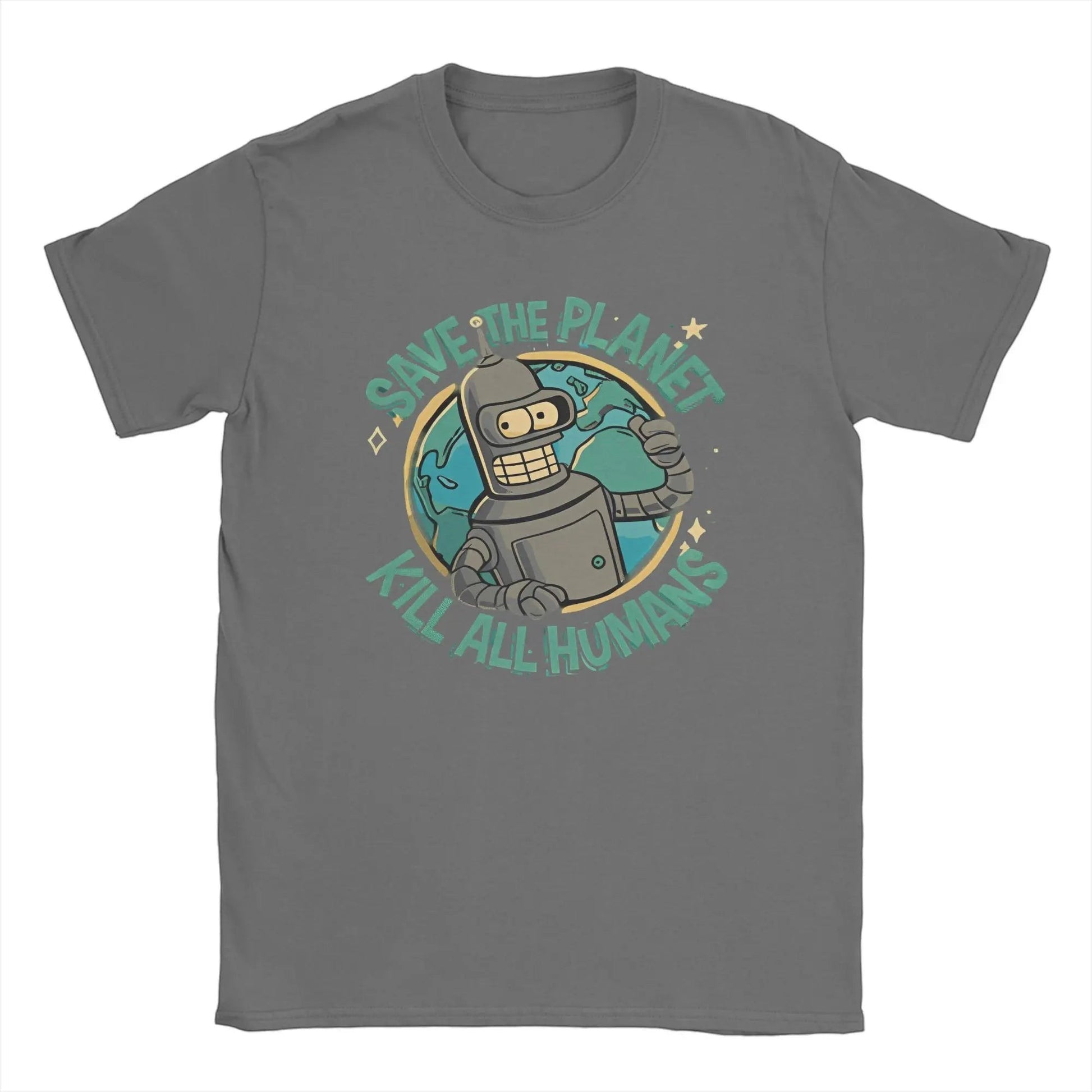 COMFORTH grey cotton t-shirt with a graphic of a robot holding the Earth, text reads "Save The Planet Kill All Humans".