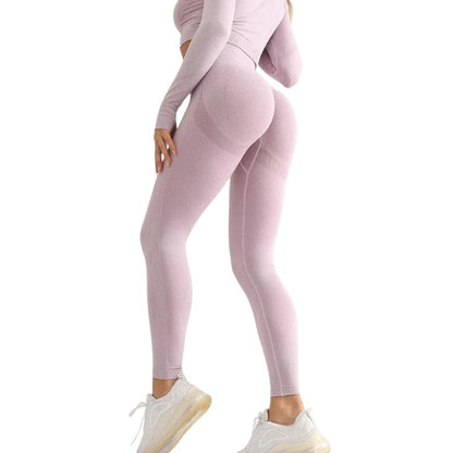 COMFORTHere's a pair of seamless, high-waisted, light purple workout leggings with textured detailing and ribbed calves.