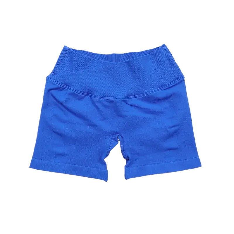COMFORTH seamless V-waist athletic shorts in bright blue. Stretchy, breathable fabric for workouts.