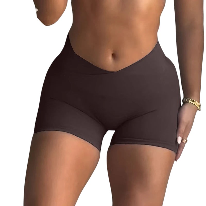 COMFORTH seamless V waist athletic shorts in dark brown. Stretchy, breathable fabric for workouts.