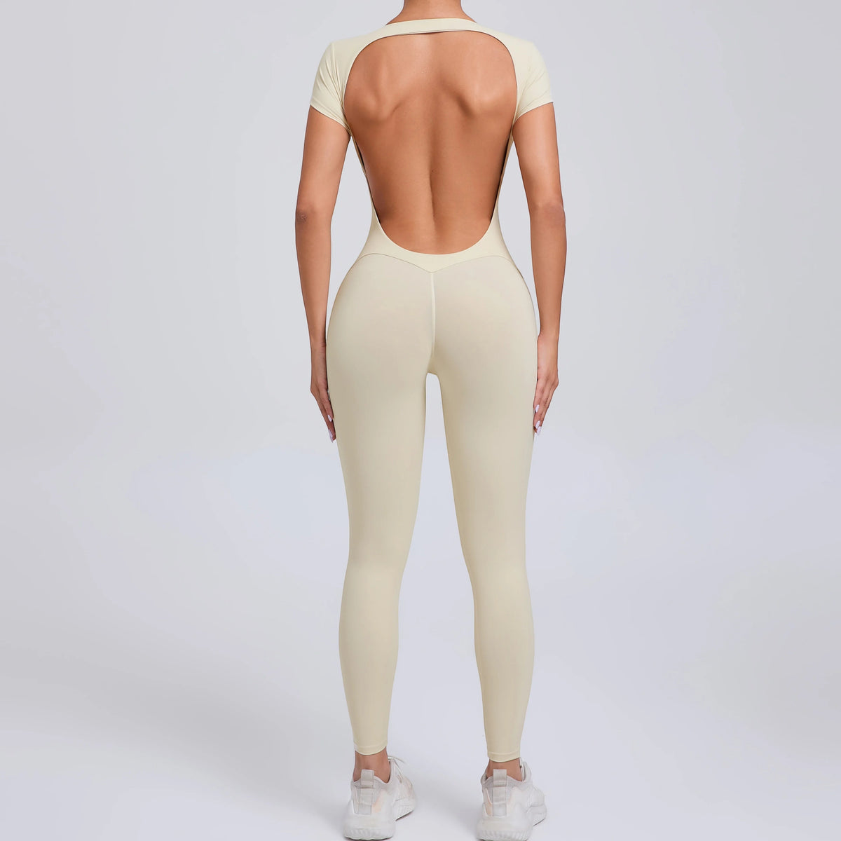 Short Sleeve Full Length Bodysuit For Activewear Beige