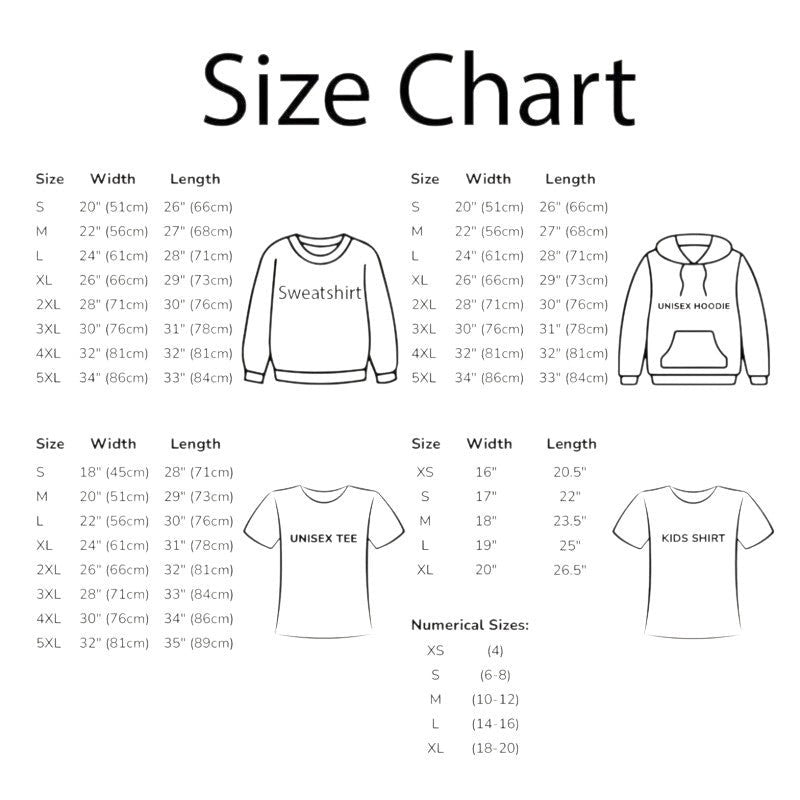 COMFORT size chart for unisex sweatshirts, hoodies, and tees, showing width and length measurements in inches and cm.