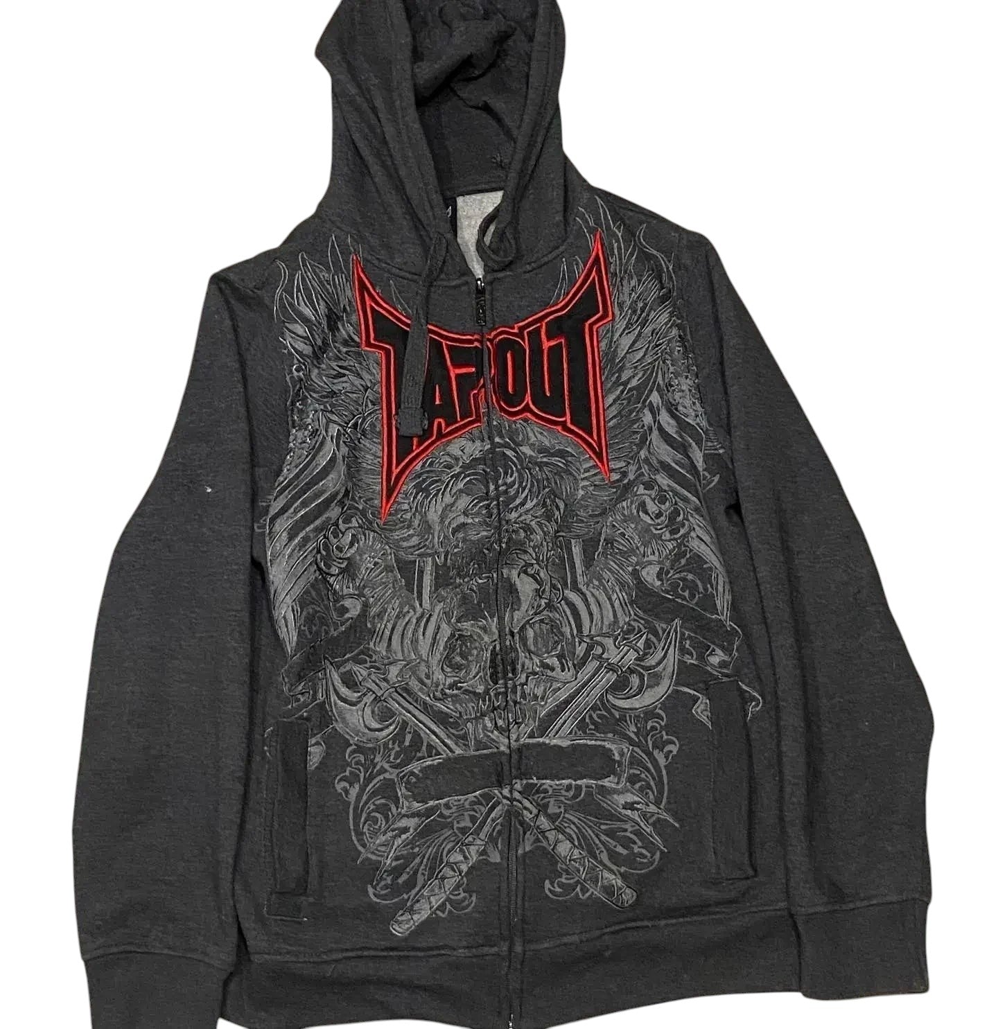 COMFORTH dark grey zip-up hoodie with distressed skeleton graphic and red 'TAPOUT' logo. Cotton blend.