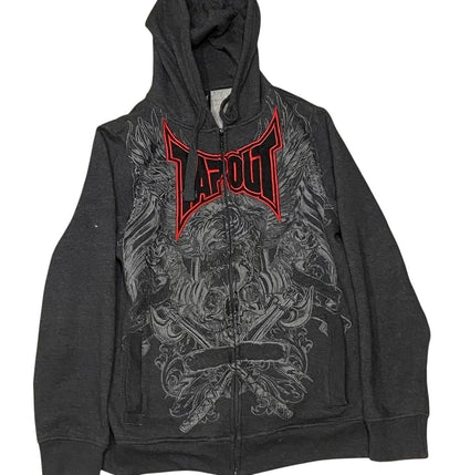COMFORTH dark grey zip-up hoodie with distressed skeleton graphic and red 'TAPOUT' logo. Cotton blend.
