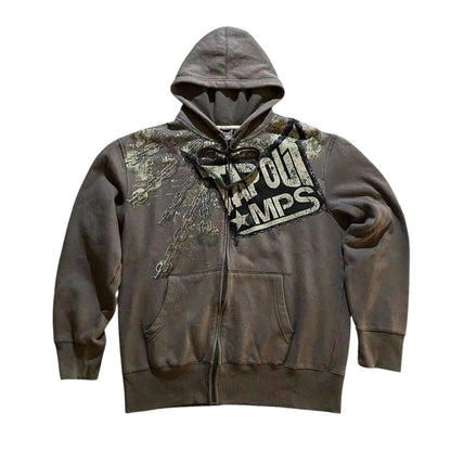 COMFORTH charcoal grey zip-up hoodie with distressed chain graphic and "TAPOUT" logo patch. Cotton blend.