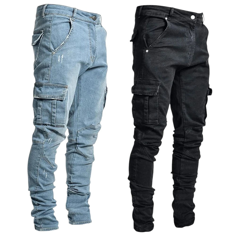 COMFORTH Men's skinny fit light blue and black denim cargo jeans with distressed detailing and panel construction.
