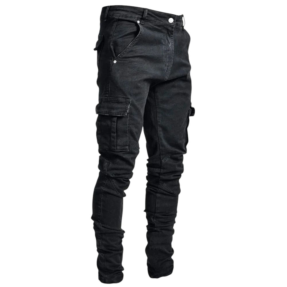 COMFORTH Men's skinny fit black denim cargo jeans with distressed detailing and panel construction.