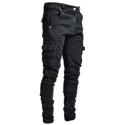 COMFORTH Men's skinny fit black denim cargo jeans with distressed detailing and panel construction.