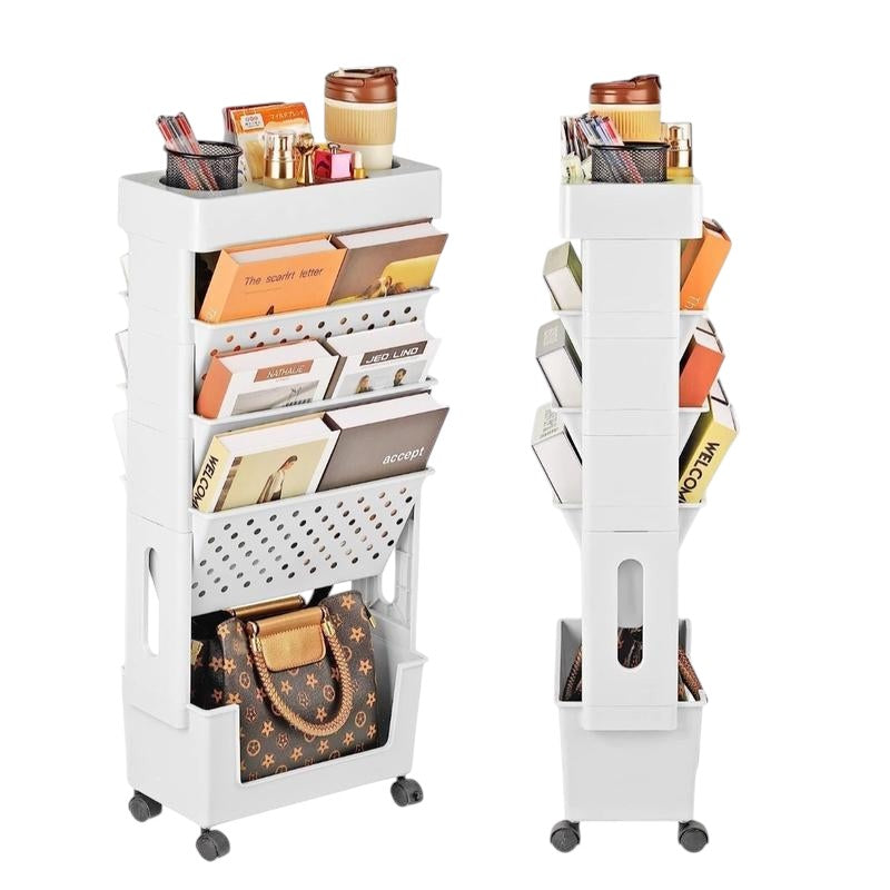 COMFORTH white plastic slim rolling storage cart with multiple shelves, ideal for books, toiletries, and office supplies.
