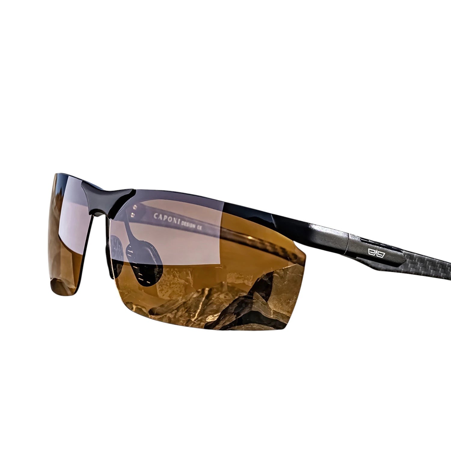 COMFORTH Sport Performance Sunglasses with carbon fiber accents, amber lenses, and black frames. Ideal for active lifestyles.