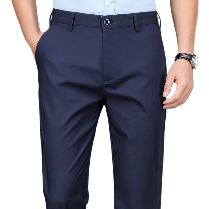 COMFORTH Men's navy blue stretch dress pants with flat front and tailored fit.