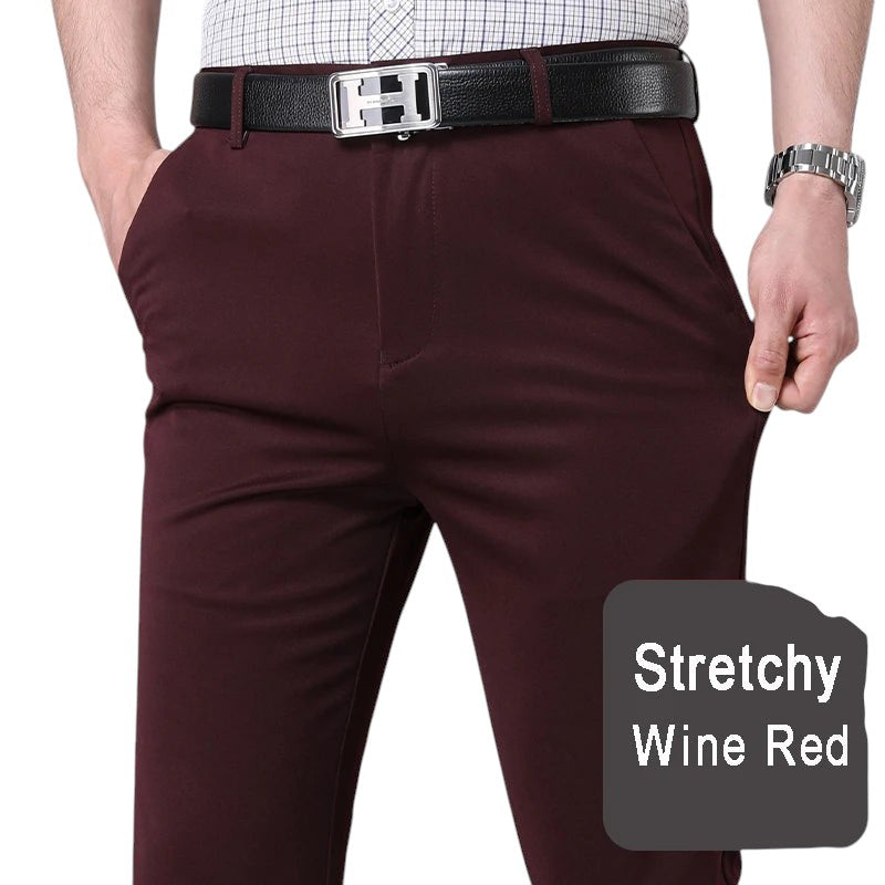 COMFORTH Men's comfortable stretch dress pants in wine red. Tailored fit, flat front, and breathable fabric.