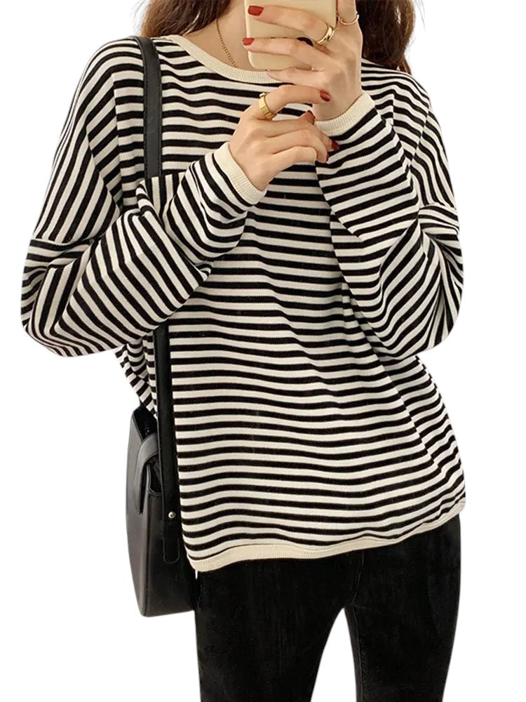 COMFORTH black and white striped long sleeve crew neck knit sweater with cream trim
