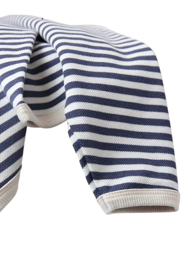COMFORTH navy and white striped long sleeve crew neck knit sweater with ribbed cuffs
