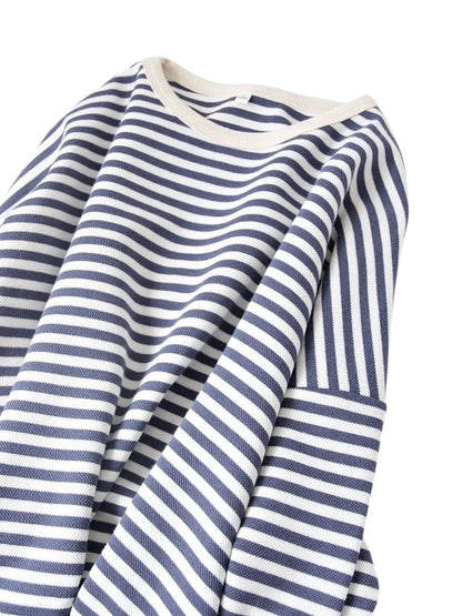 COMFORTH navy and white striped long sleeve crew neck knit sweater with a textured knit fabric.